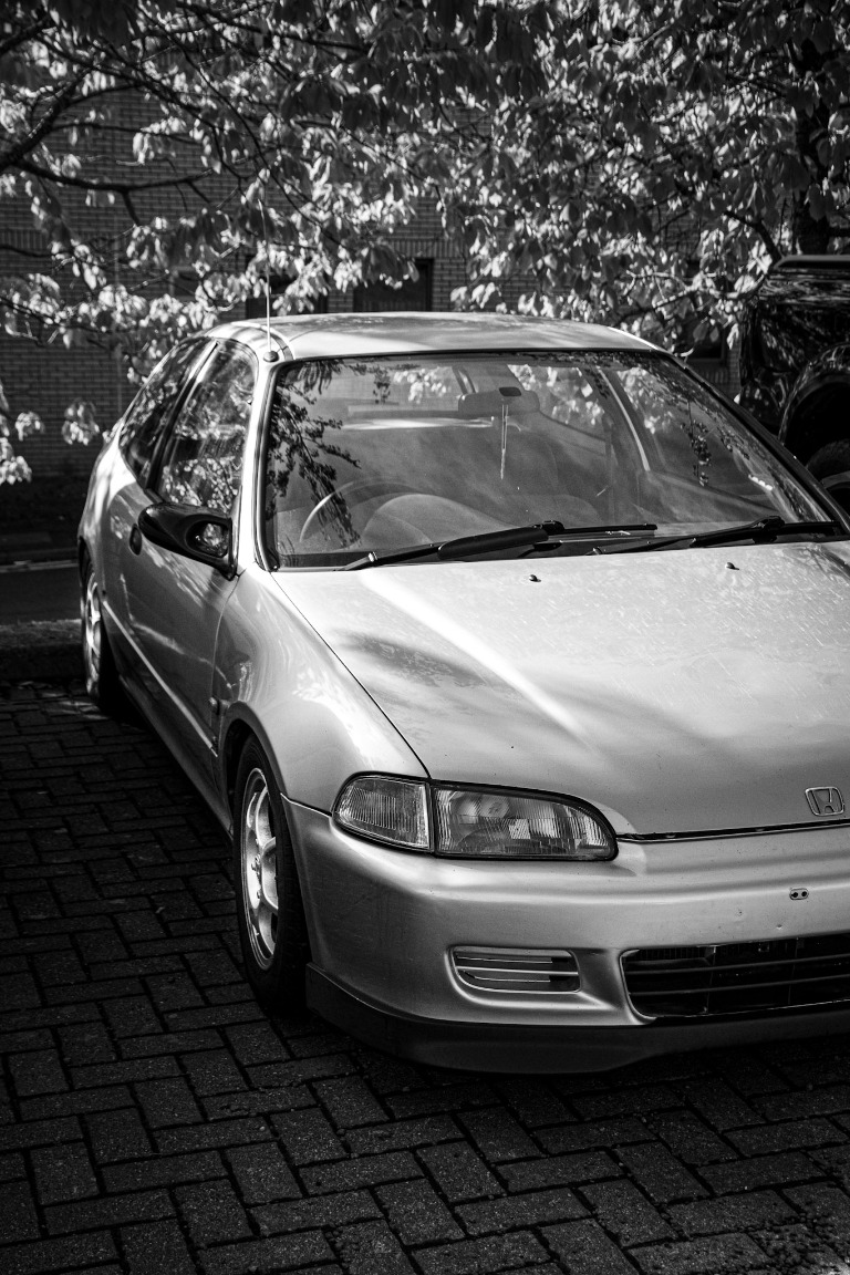 Silver coupe parked in front of a tree-lined street in black and white.